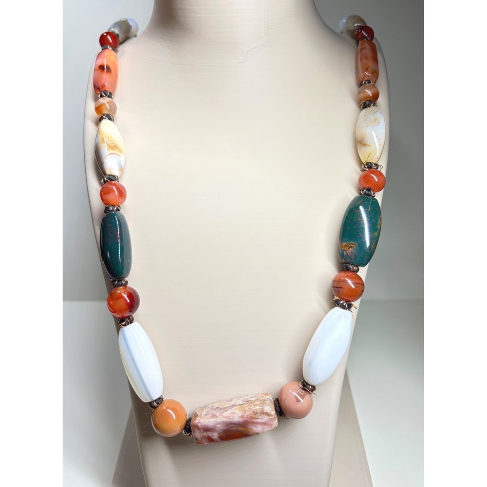 Agate Carnelian Jasper Mixed Gemstone Statement Necklace‎ Boho 30"